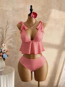 Mod Conjunto de traje de baño de 2 piezas para mujer con top corta de tirantes finos con estampado de cuadros y nudo delantero, y Bottom tipo bikini con cordón en la cintura, para verano - Rojo - Ver 1