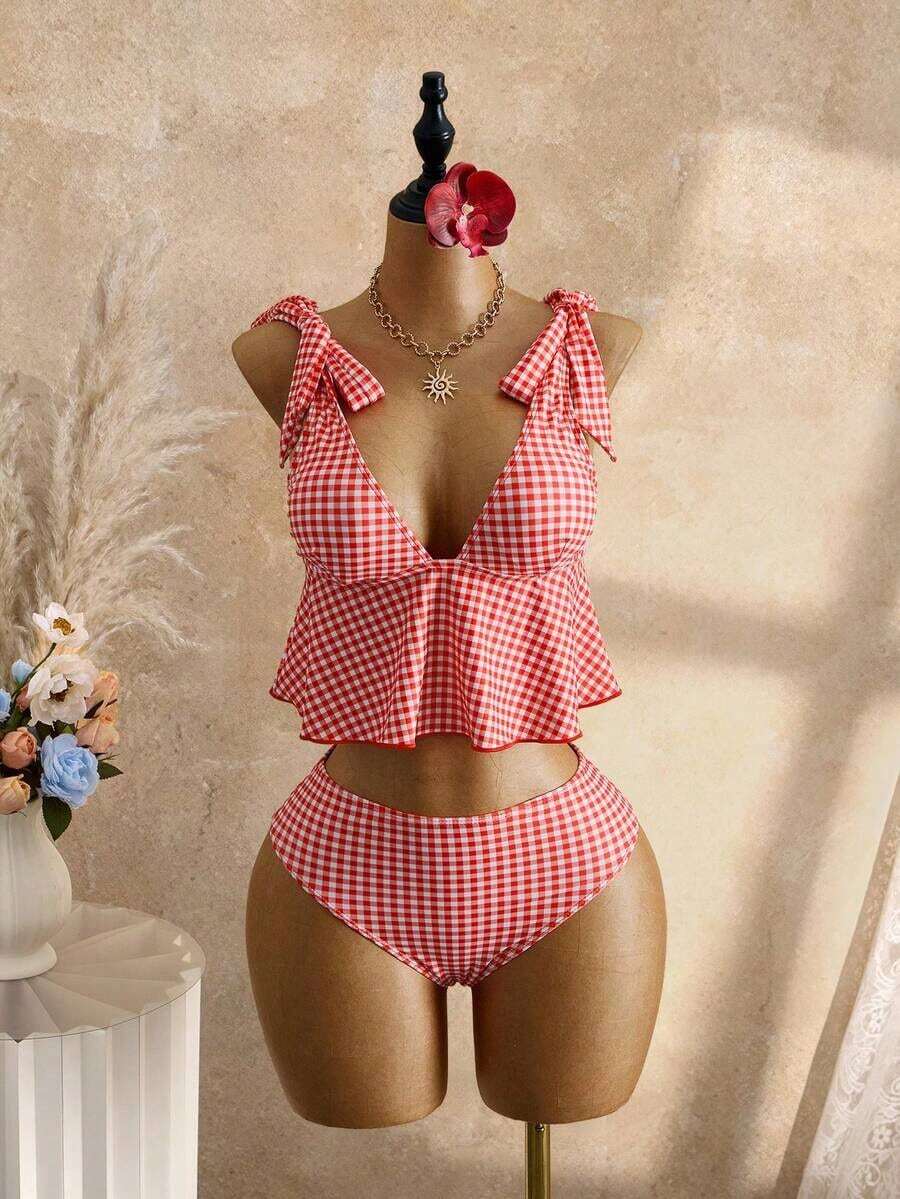 Mod Conjunto de traje de baño de 2 piezas para mujer con top corta de tirantes finos con estampado de cuadros y nudo delantero, y Bottom tipo bikini con cordón en la cintura, para verano - Rojo - Ver 1