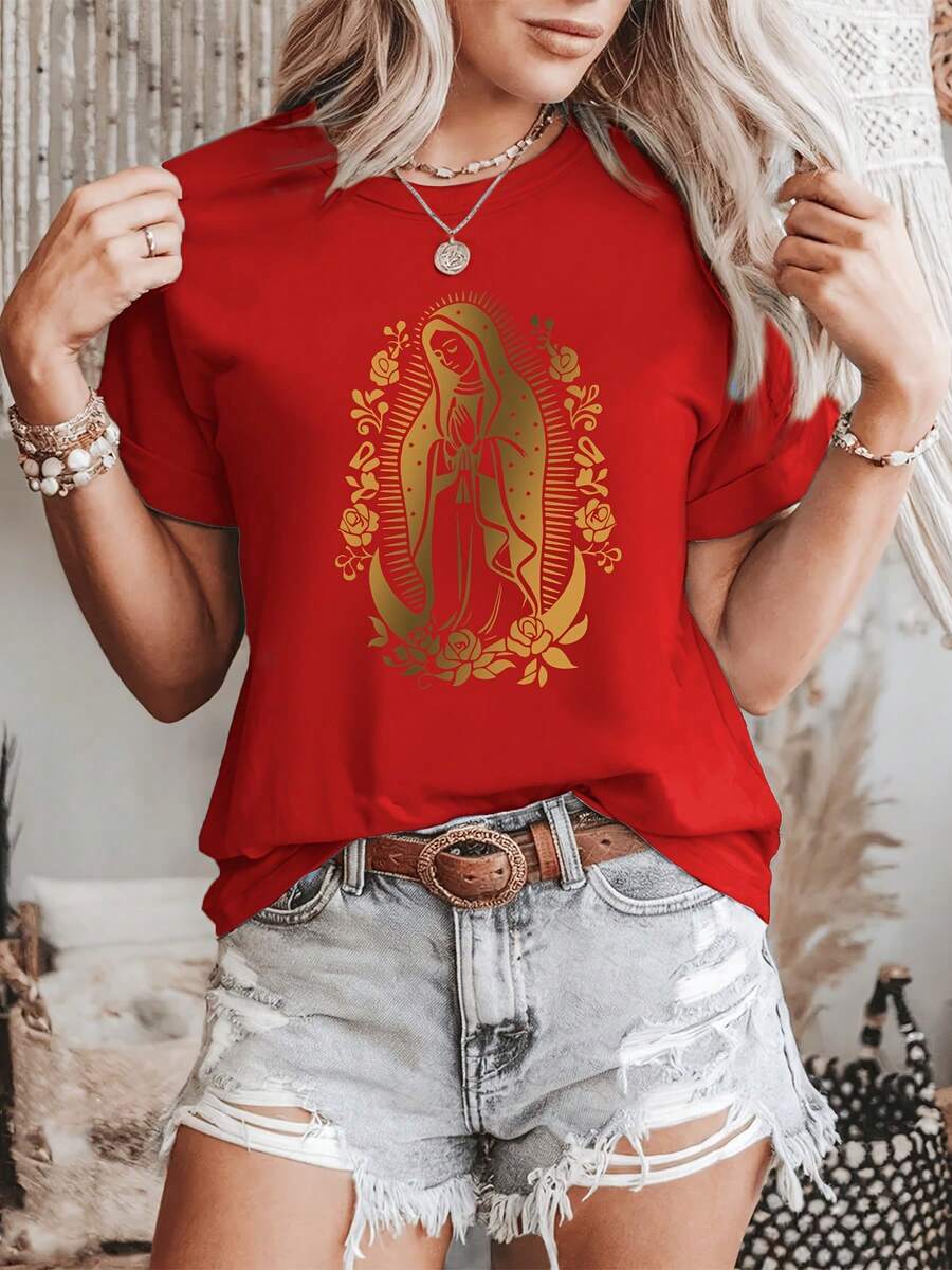 Soft, 100% Cotton Women's T-Shirt, Casual Style, With A Gold Print Of Our Lady Of Guadalupe, Embodying Faith And Cultural Style. This Breathable And Lightweight Crew Neck T-Shirt Is Perfect For A Spring And Summer Wardrobe. Breathable Cotton T-Shirt, Goes With Everything. - 紅色 - 查看 1
