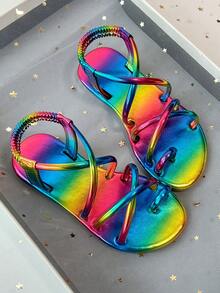 Giày sandal đế bằng quai ngang ánh kim cho trẻ em, quai ngang co giãn, hở mũi, giày casual mùa hè. - Nhiều màu - Xem 8