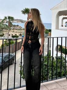 ZAHM Gilet in pizzo nero stile cinese | Gilet senza maniche con colletto alto e bottoni a rana | Top elegante da stratificazione per primavera/estate, stile vintage - nero - Visualizzare 4