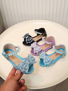 Shiny Rhinestone Pearl Bow Girls' Princess Sandals, Soft Bottom Round Toe PU Flat Sandals, Suitable For Spring, Summer, Autumn Holidays And Daily Wear - Blue - View 6