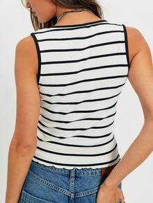 Womens Striped Ribbed Print Tank Tops  Sleeveless Scoop Neck Button Down Tops Slim Fit Shirts - White - View 3