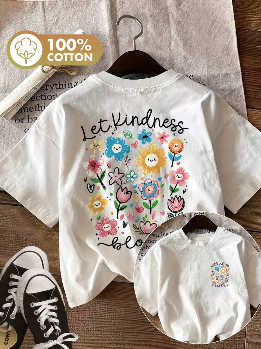 Ropa de mujer para primavera/verano con estampado de doble cara, diseños florales y de corazones divertidos. Que la bondad florezca. Impreso en un estilo puro, elegante y casual. Corte Regular, Mangas Cortas, Cuello Redondo, Camiseta de Mujer - Estilo Vintage Urbano, Camiseta Unisex de Algodón Suelto con Cuello Redondo y Manga Corta - Blanco - Ver 1