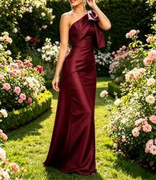 Elastic Satin Asymmetric Neck Fitted Cocktail Dress - Burgundy - View 3