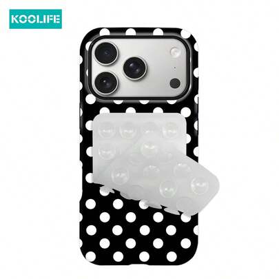 Koolife 2pcs Set: 1pc Black & White Polka Dot 2-In-1 Phone Case + 1pc Clear Double-Sided Suction Cup, PC+TPU Material, Glossy Hard Shell, Shockproof Cover, Compatible With Apple 17/17pro/17promax/17Air/16/15/14/13/12/11/7/8/7plus/8plus/XR/X/XS/XS MAX