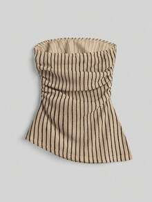 Top bandeau ajustado minimalista casual de mujer, bajo asimétrico, estampado de lunares, conjunto de verano - Albaricoque - Ver 2
