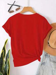 Camiseta de manga corta para mujer con elementos navideños y estampado "Farewell Welcome 2026", cuello redondo, lavable a máquina, cómoda, suave, transpirable, holgada, estilo casual, adecuada para primavera, verano y otoño, camiseta de mujer, ropa casual. - Rojo - Ver 3