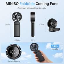 MINISO 便攜式手持電動風扇，3600mAh 電池，8 小時續航，快速充電，10,000 RPM 無刷馬達，1-120 段無級調速，智慧顯示，4 合 1 用法：掛頸、折疊、桌面、手持，化妝風扇，適合戶外運動愛好者，1 件裝 - 黑色 - 查看 6