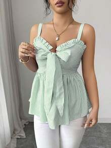 Nueva camiseta informal de primavera/verano para mujer, diseño de moda con tirantes de lazo, acento de lazo, a rayas azul y blanco, que ciñe la cintura, sexy y favorecedora, versátil para uso diario y citas - Verde - Ver 3
