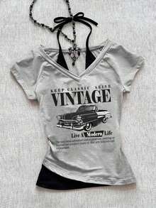 Camiseta de mujer casual de cuello en V retro, con atar, de manga corta y contraste de color, adecuada para el verano - Gris Claro 4 - Ver 11