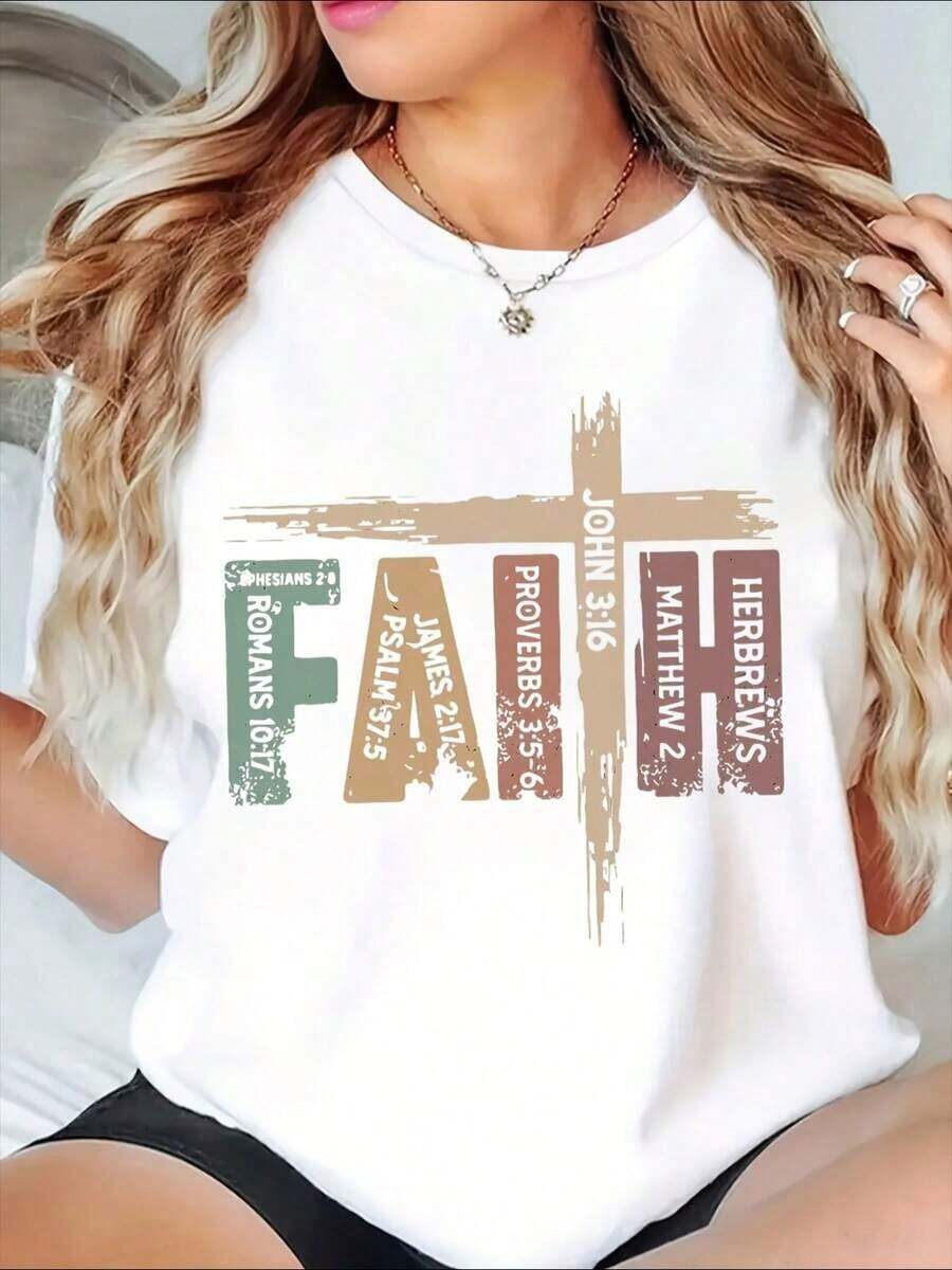 Women's Christian T-Shirt With Bible Verse And Scripture References For Religious Inspiration And Spiritual Motivation, 220g, Casual Women's Blouse, Women's Cotton T-Shirts - 白色 - 查看 1