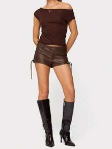 Women's Faux Leather Micro Short Low Waist Stretch Solid Color Drawstring Lace Up Festival Rave Mini Hot Shorts Summer Vintage Rave Club Party Concert - Marrón - Ver 4