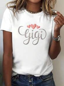 Gigi Heart Print T-Shirt, Casual Short Sleeve Round Neck Top, Women's Spring/Summer Clothing, Pure Cotton Print T-Shirt For Women. - 白色 - 查看 7