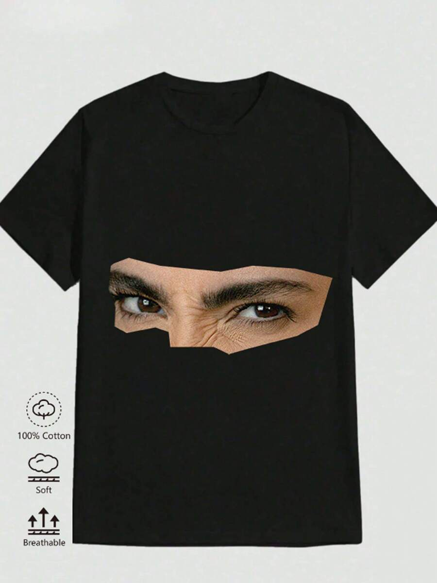1 Basic Black Cotton T-Shirt (180g), Crew Neck, American Style, Unisex, For Men, Women, And Couples. Features Cool And Amazing Abstract Facial Features Printed On The T-Shirt. Breathable, Versatile, And Machine Washable. Sizes S-3XL. Perfect For Hanging Out With Friends And Enjoying Leisure Time On A Cafe Terrace. Y2k T-Shirt. - 黑色 - 查看 1