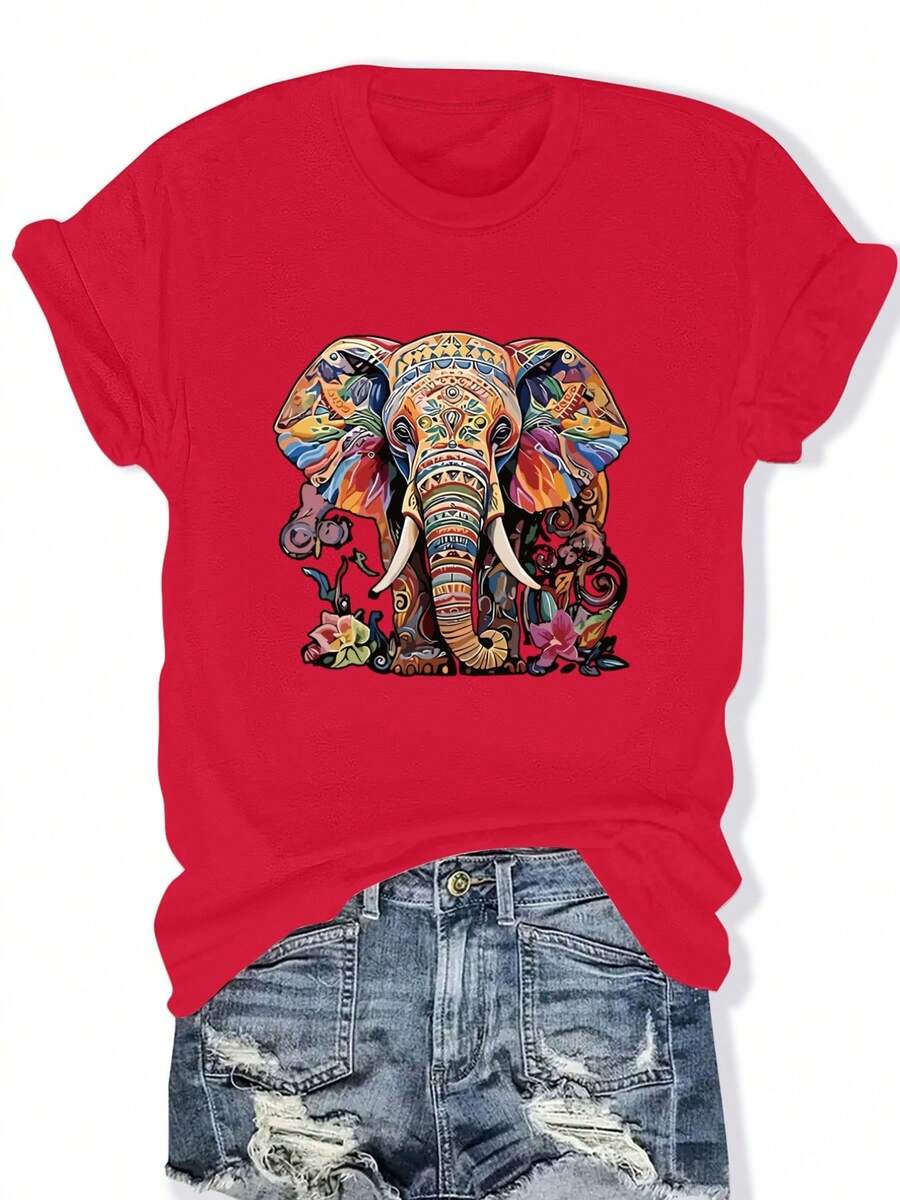 Talla Grande, una camiseta de moda para mujer de talla grande muy moderna, con un estampado de elefante rodeado de flores coloridas y patrones de letras únicos, adecuada para todas las estaciones. - Rojo - Ver 1