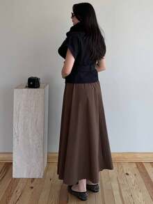 Kadın Puantiyeli Uzun şifon Etek - Coffee Brown - View 3