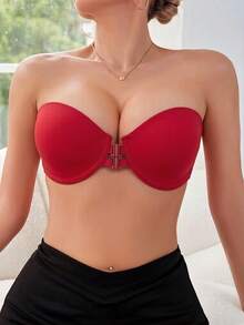 Women's Red Strapless Bra, Sexy Invisible Strapless Bra With Front Clasp, Underwire Push Up Bra With Backless Design - Red - View 4