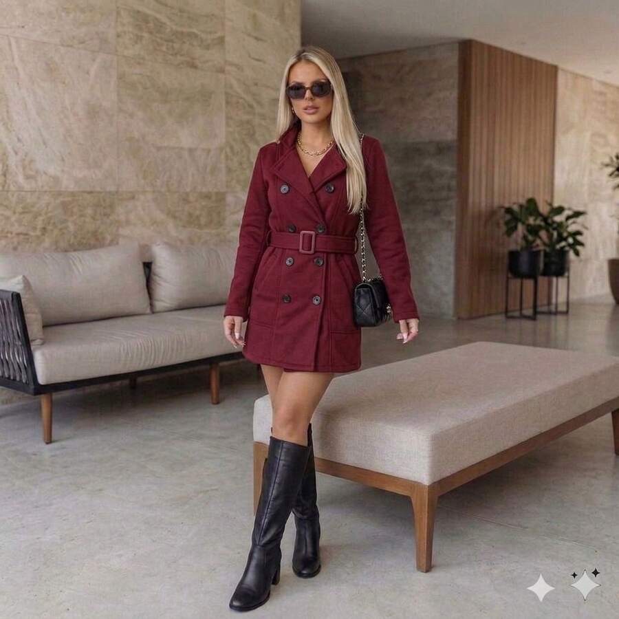 Women's Polyester Overcoat With Buttons - Winter Fashion - Burgundy - View 1