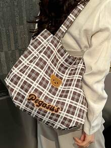 New Plaid Canvas Tote Bag, Large Capacity, Cute Bear Head Embroidery, Versatile Shoulder Bag For Students And Commuting - Multicolor - View 1