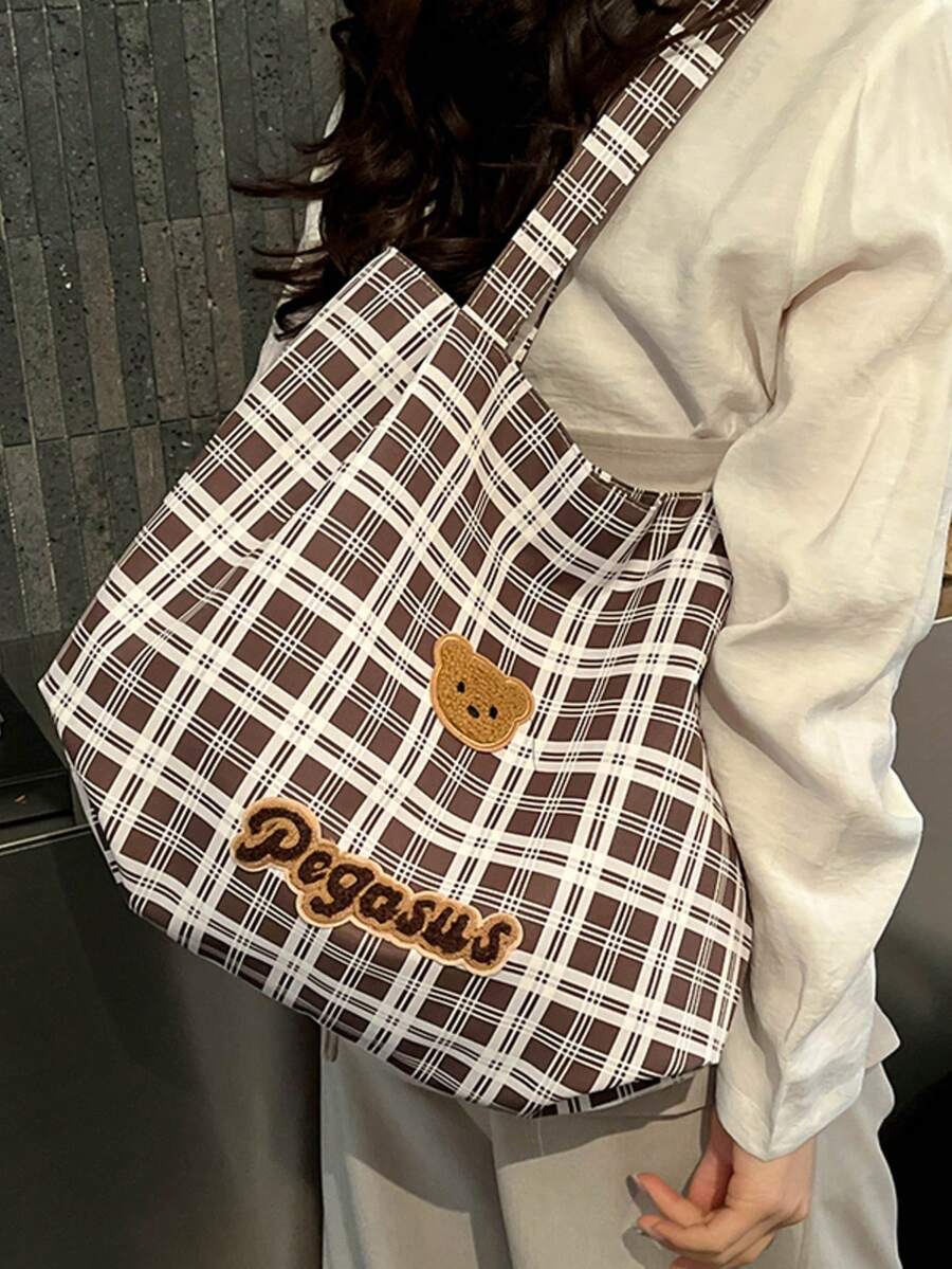 New Plaid Canvas Tote Bag, Large Capacity, Cute Bear Head Embroidery, Versatile Shoulder Bag For Students And Commuting - Multicolor - View 1