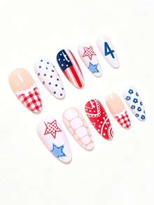 Instantly Upgrade Your Look With 24pcs Medium Almond Shape Press On False Nails Vintage Country Style Red And White Color Blocked Checkered Pattern With Off White Lace Trim Fresh And Playful Dark Blue Floral And Polka Dot Design Press On Nails - Multicolor - View 3