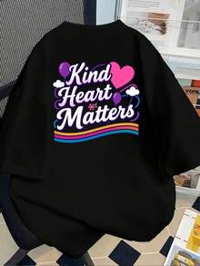 Camiseta de Mujer con Eslóganes de Amabilidad y Amor - Estampado Frontal y Trasero, Manga Corta con Diseño de Corazón, Blusa Casual de Cuello Redondo para Primavera Verano, Camiseta Lavable a Máquina con Temática de Amor y Amabilidad para Atuendos de Todas las Temporadas, Camiseta Y2k - Negro - Ver 2
