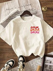Camiseta de manga corta con cuello redondo y estampado de leopardo "More Love" para mujer, informal, negra, para verano, otoño/inicio de clases. - Desnudo 2 - Ver 3