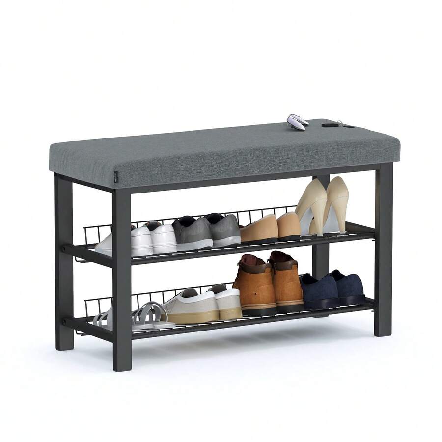 Schuhregal Mit Sitzbank Platzsparende Schuhbank Mit 2 Gitterablagen 81x50x32 Cm, Formschöner Schuhschrank Für Flur, Wohn- Und Schlafzimmer Mit Schutz Gegen Bodenkratzer (Schwarz) - 無菸煤 - 查看 1