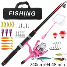 2.4m Pink Fishing Rod & Reel Combo With Pre-Spooled Reel Landing Net Tackle Box Travel Portable Fishing Kit - Pink - View 8