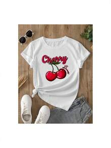 YOCASA Women's Casual Summer T-Shirt, Round Neck, Fitted, Short Sleeve, With Oil Painting Print, Floral, Heart, Cherry, And Letter Patterns. Simple Casual Fabric, Sporty Style, Ideal For Everyday Wear And Valentine's Day Dates. 1 Piece, 180g Pure Heavy, 95% Polyester 5% Spandex. 100% Cotton Durable - [白色的] - 查看 2