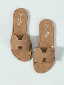 Ximi Ruo Wide Fit Rhinestone Embellished Comfortable Slippers, Korean Casual Flat Sandals For Women, Open Toe Slides For Spring, Summer, Beach, Casual Wear - Brown - View 7