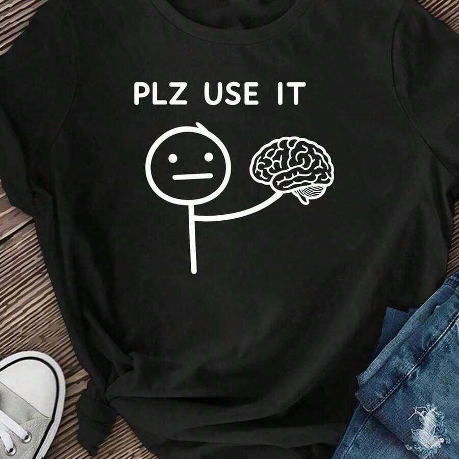 1 pieza Camiseta Humorous Brain Please Use It, Camiseta Humorous Brain, Camiseta Sarcástica, Camiseta con Memes Lindos, Camiseta Unisex de Salud Mental, Sudadera para Mujer para el Día de la Madre, Comodidad para Todo el Día, Estampado Artístico, Uso Diario, Para Hombres, Rendimiento de Secado Rápido, 180g Algodón 100% - Negro - Ver 1