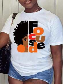 1 Piece Of Women's T-Shirt, "Focused Girl" African American T-Shirt, (1 Piece) 100% Cotton, Casual Printed T-Shirt, Round Neck, Short Sleeve, Cotton T-Shirt, For Gift, Summer, Unisex, 180g 100% Cotton, All Patterns Are Printed. Unisex. - 白色 - 查看 12