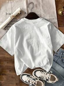 ATPASTARUNFASTA Camiseta de Manga Corta con Estampado de Letras y Cuello Redondo Y2k - Blanco - Ver 2