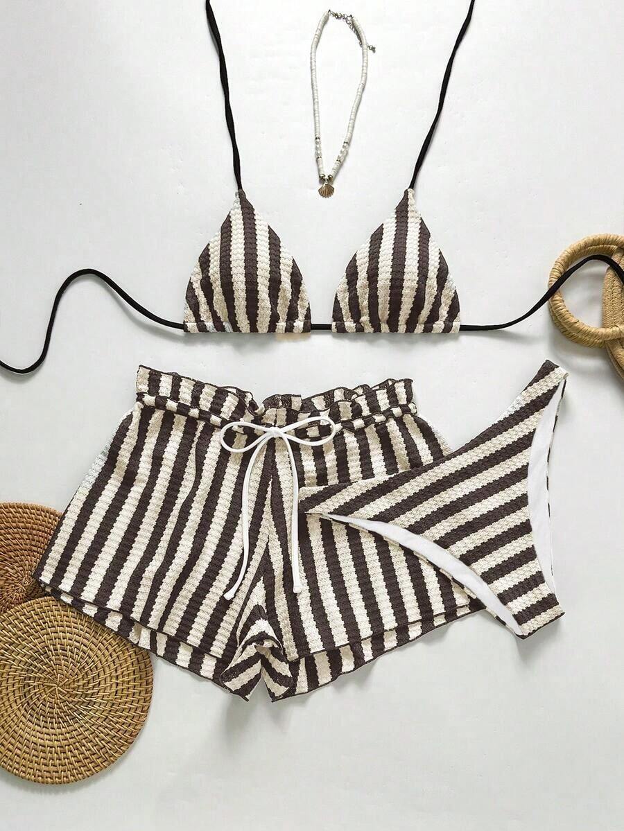 Swim Chiccia Conjunto de shorts y vestido de playa a rayas para vacaciones de mujer - Marrón - Ver 1