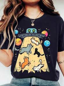 Camiseta de manga corta de corte regular para mujer de talla grande, con estampado de gato cósmico y OVNI, cuello redondo, alta elasticidad y comodidad casual para el verano. - Negro - Ver 4