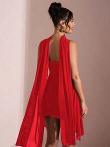 Vestido corto de gasa con escote en V profundo y cinta de color negro sólido, adecuado para citas diarias, salidas nocturnas, discotecas, fiestas, reuniones, fiestas de cóctel, monos de vacaciones, fiestas en la piscina, ropa de oficina, vestidos para ir y venir - Rojo - Ver 6