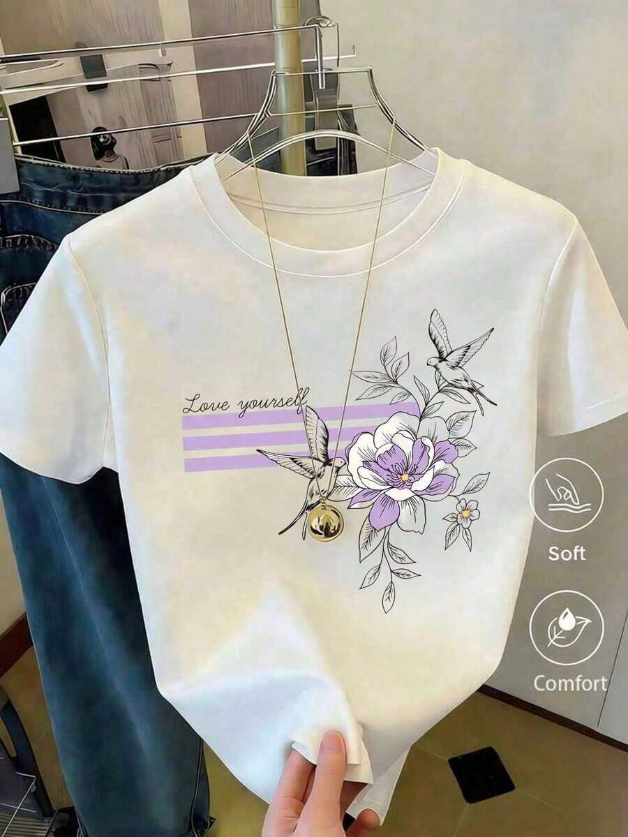 Camiseta con estampado de camisa casual para mujer, manga corta y cuello redondo, moda urbana local de primavera/verano. - Blanco - Ver 1