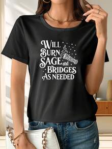 Limited Edition Women's Lightweight Breathable Cotton T-Shirt With Burning Sage And Broken Bridge Print - Short-Sleeve Crew Neck Tee Made Of Soft, Breathable, Medium-Stretch Fabric With A Sage Print Design, Suitable For The Office And Casual Summer Wear - Casual Summer Garment (Machine Washable) Lightweight Cotton - 黑色 - 查看 11