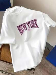 Camiseta blanca de corte holgado para mujer, edición limitada, con llamativo estampado de leopardo rosa y estampado de letras de Nueva York - Tejido suave y transpirable, camiseta de estilo casual y urbano, cuello redondo, mangas cortas, adecuada para un uso diario cómodo, lavable aáquina, imprescindible para combinar en todas las estaciones (estilo urbano, conjuntos en capas, pieza de moda) - Diseño de patrón rosa y blanco, ropa cómoda para mujer, moda de primavera y verano, estilo urbano, camiseta de mujer de algodón ligero. - Blanco - Ver 8