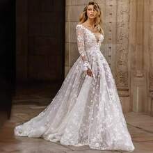 Women's Lace Long Sleeve Wedding Dress, Deep V Neck A-Line Bridal Gown, Floral Applique Tulle Maxi Dress - trắng - Xem 5