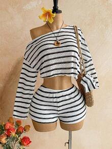 Conjunto informal de 2 piezas de top corto con cuello irregular y borde de lechuga, y shorts, en unicolor, para vacaciones, primavera/verano - Blanco y Negro - Ver 8