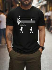 T-Shirt With A Musical Note Design, Breathable, Crew Neck, And Short Sleeves, Featuring Treble And Treble Clefs, Musical Symbols, And Dancer Silhouettes. Casual Wear For Music-Themed Events, Comfortable For Musicians And Music Lovers. A Short-Sleeved T-Shirt Suitable For Home, Everyday Wear, Parties, And Travel; Perfect As A Gift For Friends Or Family. - 黑色 - 查看 1