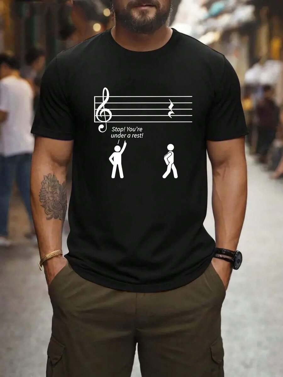T-Shirt With A Musical Note Design, Breathable, Crew Neck, And Short Sleeves, Featuring Treble And Treble Clefs, Musical Symbols, And Dancer Silhouettes. Casual Wear For Music-Themed Events, Comfortable For Musicians And Music Lovers. A Short-Sleeved T-Shirt Suitable For Home, Everyday Wear, Parties, And Travel; Perfect As A Gift For Friends Or Family. - 黑色 - 查看 1