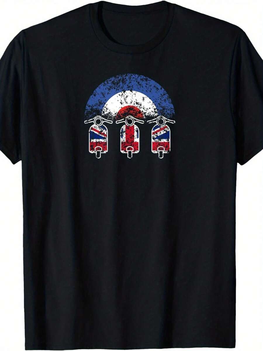 Camiseta gráfica de ciclomotor y motocicleta con bandera británica para hombre y mujer - Manga corta, cuello redondo, diseño casual de bandera con Union Jack, rojo y otros colores - Negro - Ver 1