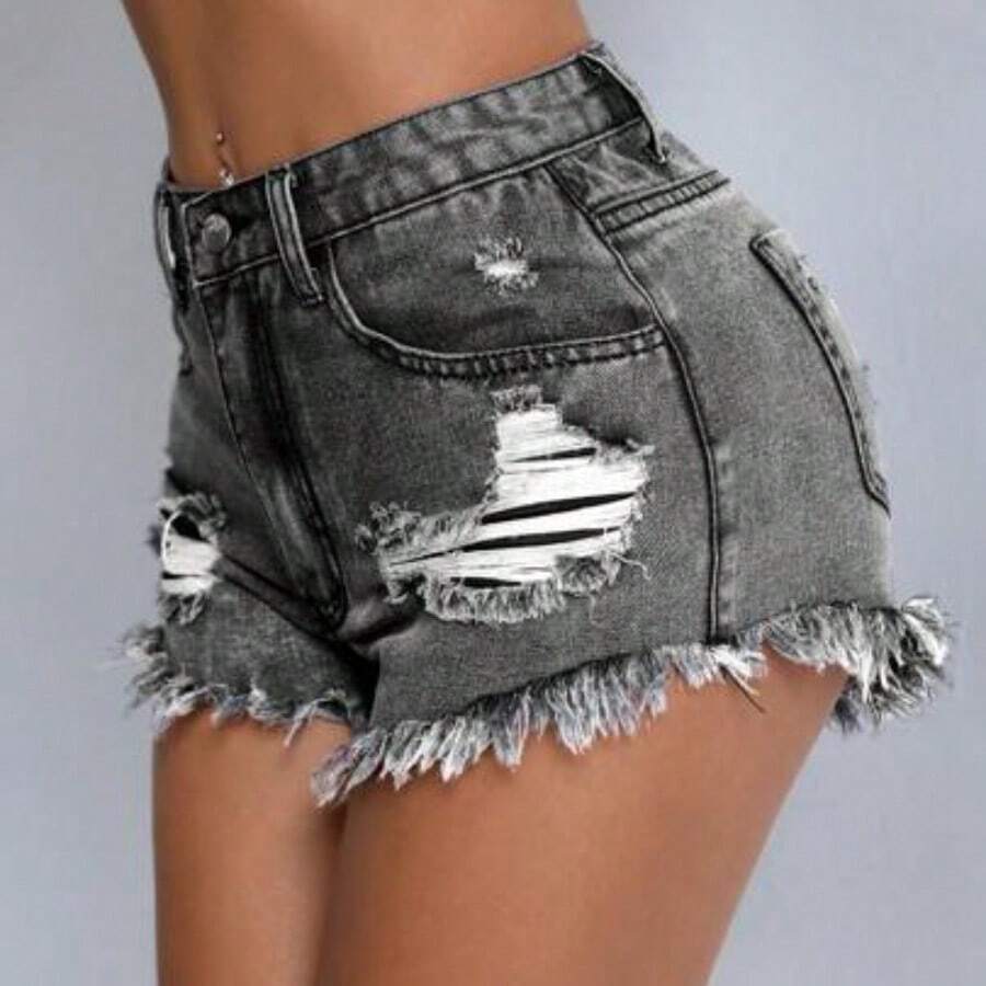 ICON Plus Size Fashion Casual Summer Versatile Distressed Denim Shorts - Gris - Ver 1