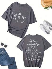 Talla Grande, Camiseta de Manga Corta Oversize con Estampado de Letras Cursivas '' '' '' 'o' 't' 't' - Blusa Casual de Cuello Redondo, Lavable a Máquina - Camisetas Ajustadas para 1 1 JS NT - Gris Oscuro - Ver 6