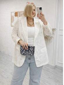 White Broderie Anglaise Blazer Jacket For Curvy Fit - White - View 2