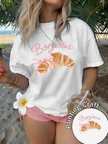 Women's Short-Sleeved T-Shirt With Round Neck, 100% Polyester Fiber, Machine Washable, Easy Care, Casual Design With French-Style Letter And Dessert Print, Romantic Breakfast Print, New Summer Collection 2026, Suitable For Daily Wear And Travel. - 白色 - 查看 1